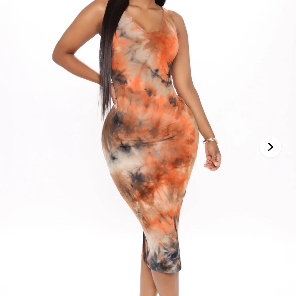 Fashion Nova Orange Black Halter Bodycon Midi Dress